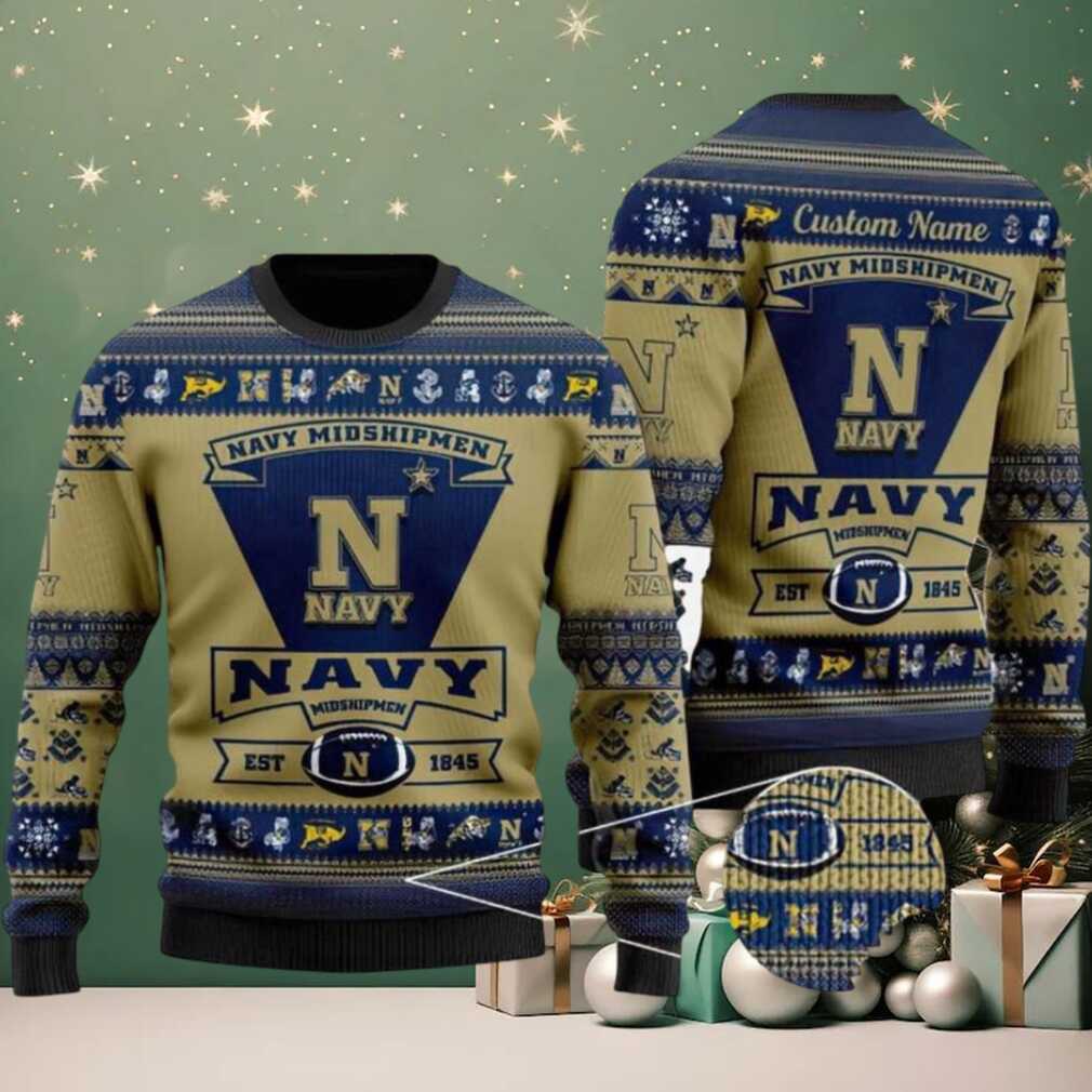 Navy Midshipmen Football Team Logo Custom Name NCAA Ugly Christmas Sweater Navy Midshipmen Football Team Logo Custom Name NCAA Ugly Christmas Sweater