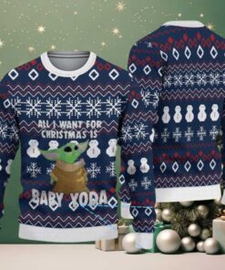 Navy Red White Snowflake Snowman Pattern Baby Yoda Ugly Christmas Sweater