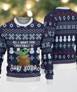 Navy Red White Snowflake Snowman Pattern Baby Yoda Ugly Christmas Sweater