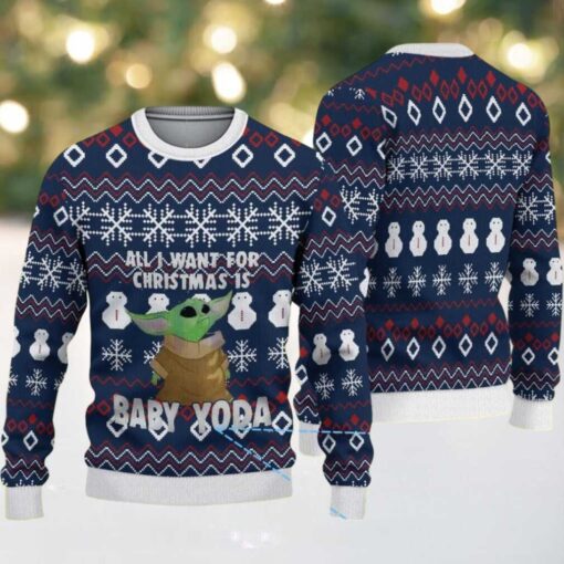 Navy Red White Snowflake Snowman Pattern Baby Yoda Ugly Christmas Sweater