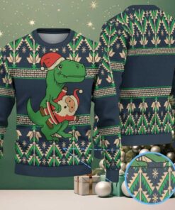 Navy Ugly Christmas Sweater with Green Tree Pattern Featuring Santa Hugging Dinosaur