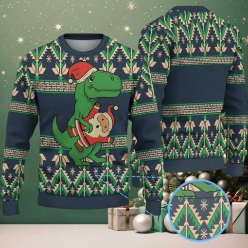 Navy Ugly Christmas Sweater with Green Tree Pattern Featuring Santa Hugging Dinosaur