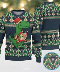 Navy Ugly Christmas Sweater with Green Tree Pattern Featuring Santa Hugging Dinosaur