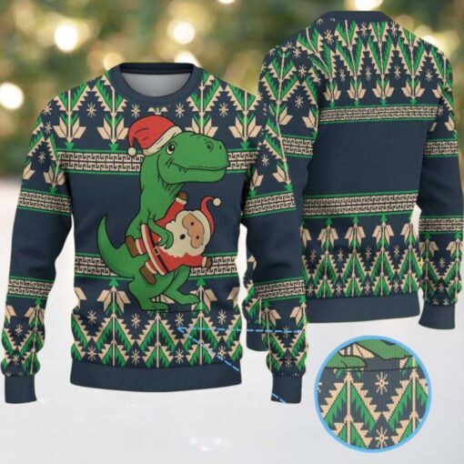 Navy Ugly Christmas Sweater with Green Tree Pattern Featuring Santa Hugging Dinosaur