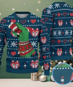 Navy Ugly Christmas Sweater with Red Heart & Snowflake Pattern Featuring Dinosaur in Festive Knit