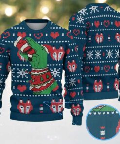 Navy Ugly Christmas Sweater with Red Heart & Snowflake Pattern Featuring Dinosaur in Festive Knit