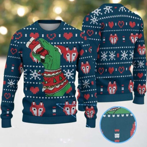 Navy Ugly Christmas Sweater with Red Heart & Snowflake Pattern Featuring Dinosaur in Festive Knit