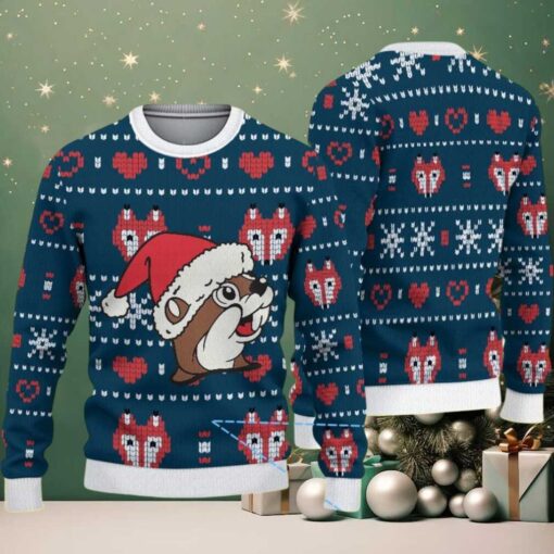 Navy Ugly Christmas Sweater with Red Heart and Fox Pattern Featuring Chivas Mascot