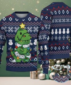 Navy Ugly Christmas Sweater with Snowflake & Snowman Pattern Featuring Dinosaur Christmas Tree