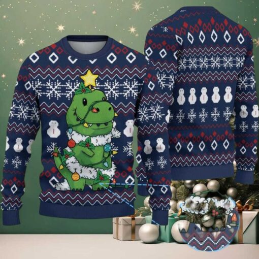 Navy Ugly Christmas Sweater with Snowflake & Snowman Pattern Featuring Dinosaur Christmas Tree