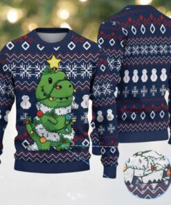 Navy Ugly Christmas Sweater with Snowflake & Snowman Pattern Featuring Dinosaur Christmas Tree