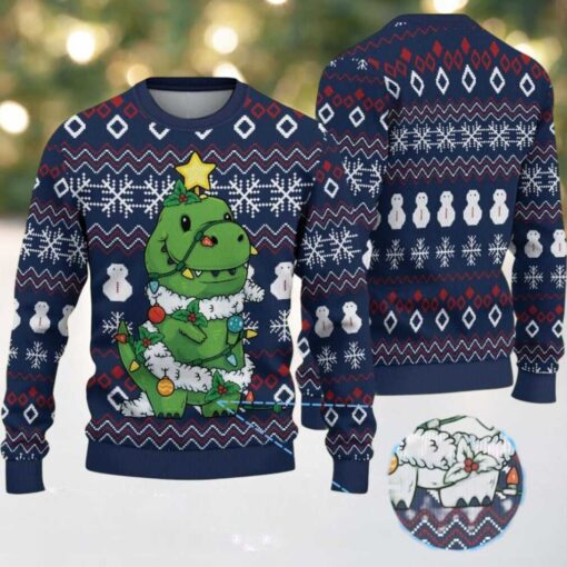 Navy Ugly Christmas Sweater with Snowflake & Snowman Pattern Featuring Dinosaur Christmas Tree
