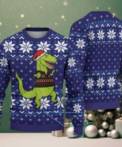 Navy Ugly Christmas Sweater with White Snowflake Pattern Featuring Santa Dinosaur