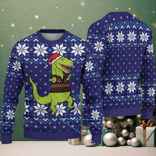 Navy Ugly Christmas Sweater with White Snowflake Pattern Featuring Santa Dinosaur