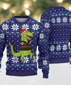 Navy Ugly Christmas Sweater with White Snowflake Pattern Featuring Santa Dinosaur