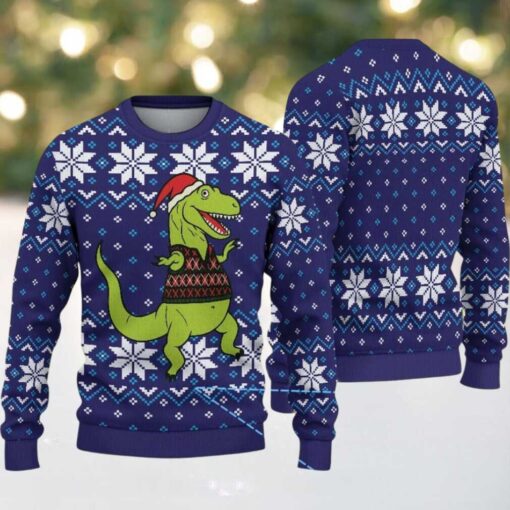 Navy Ugly Christmas Sweater with White Snowflake Pattern Featuring Santa Dinosaur