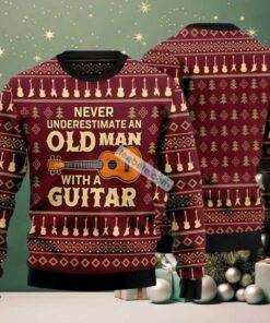 Never Underestimate An Old Man Guitar Ugly Christmas Sweater Red Best