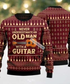 Never Underestimate An Old Man Guitar Ugly Christmas Sweater Red Best