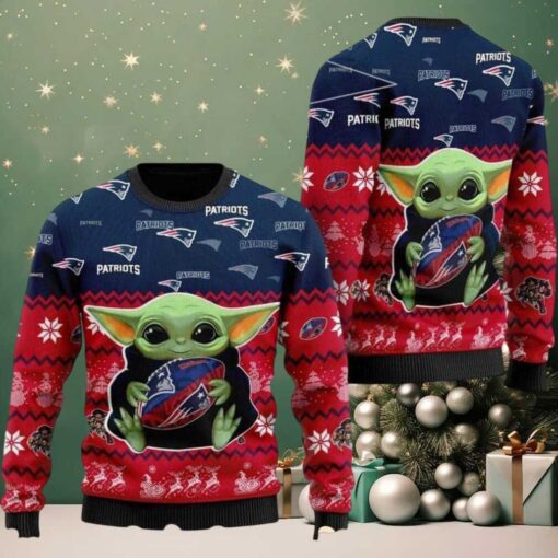 New England Patriots NFL x Baby Yoda Hug The Ball Christmas Merry Christmas 2025 Holiday Ugly Sweater