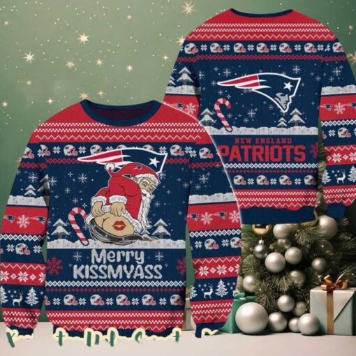 New England Patriots x Santa Claus Merrykissmyass Funny 2025 Knitted Personalized Ugly Christmas Sweater Gift