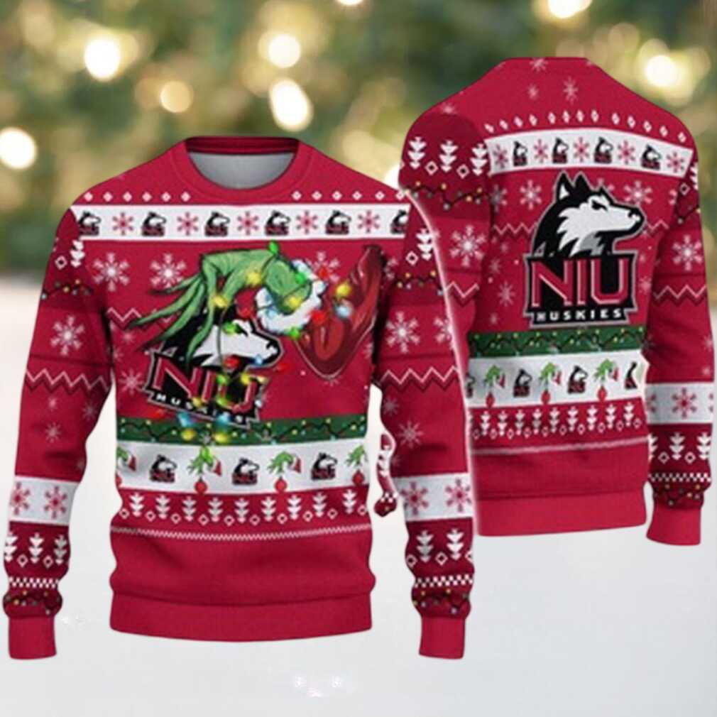 Northern Illinois Huskies Merry Christmas Grinch Hand NCAA Ugly Christmas Sweater Northern Illinois Huskies Merry Christmas Grinch Hand NCAA Ugly Christmas Sweater