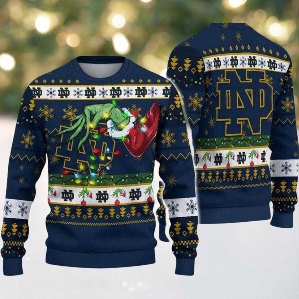 Notre Dame Fighting Irish Merry Christmas Grinch Hand NCAA Ugly Christmas Sweater Notre Dame Fighting Irish Merry Christmas Grinch Hand NCAA Ugly Christmas Sweater