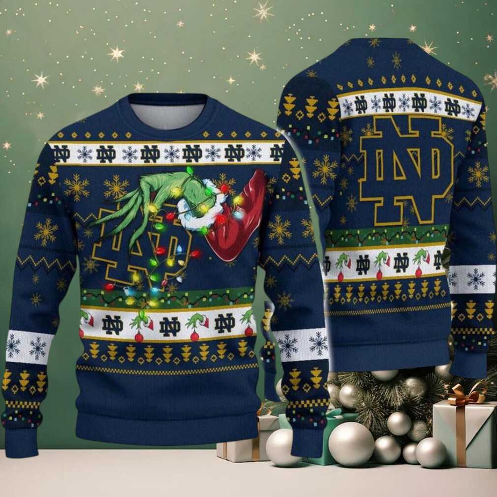Notre Dame Fighting Irish Merry Christmas Grinch Hand NCAA Ugly Christmas Sweater Notre Dame Fighting Irish Merry Christmas Grinch Hand NCAA Ugly Christmas Sweater