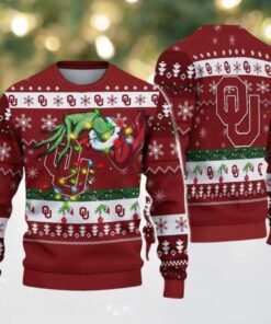 Oklahoma Sooners Merry Christmas Grinch Hand NCAA Ugly Christmas Sweater