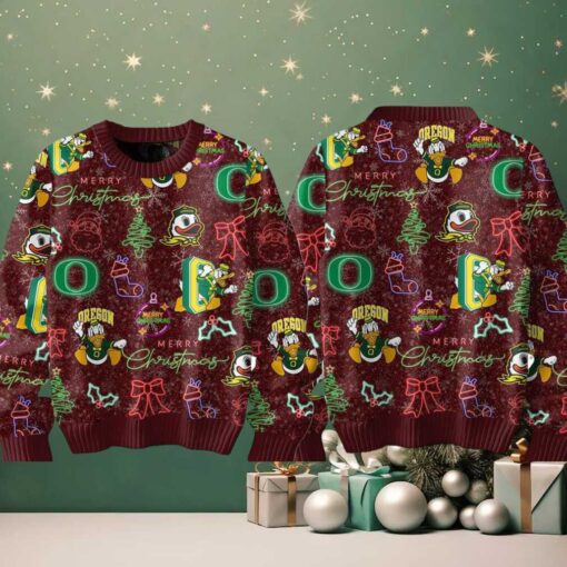 Oregon Ducks Merry 2024 Christmas Go Ducks Neon Sign Ugly Sweater