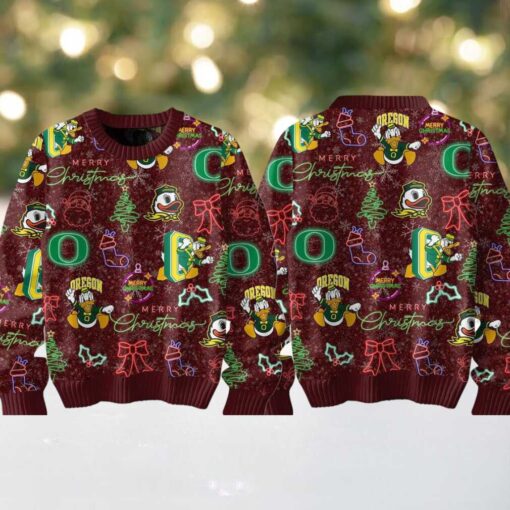 Oregon Ducks Merry 2024 Christmas Go Ducks Neon Sign Ugly Sweater