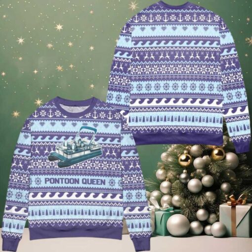 Pontoon Queen Penguin Snowflake Ugly Christmas Sweater Blue