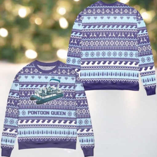 Pontoon Queen Penguin Snowflake Ugly Christmas Sweater Blue