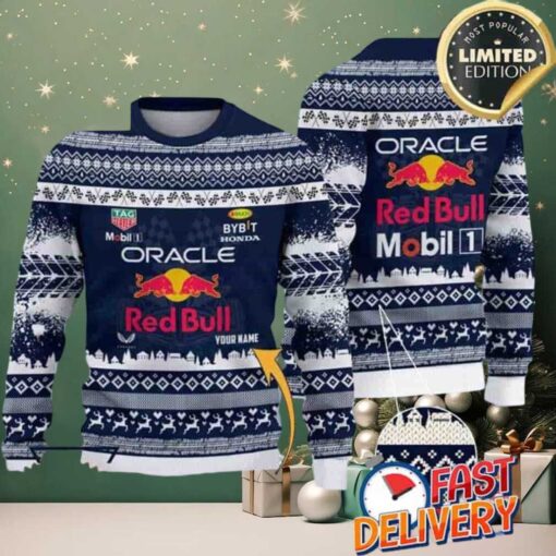 Red Bull F1 Racing Team Custom Name Ugly Christmas Sweater For Holiday 2025 Xmas Gifts