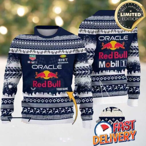 Red Bull F1 Racing Team Custom Name Ugly Christmas Sweater For Holiday 2025 Xmas Gifts