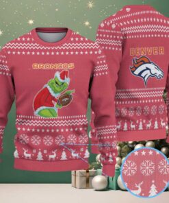 Red Denver Broncos Grinch Snowflake and Reindeer Pattern Vintage Ugly Christmas Sweater