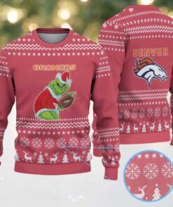 Red Denver Broncos Grinch Snowflake and Reindeer Pattern Vintage Ugly Christmas Sweater