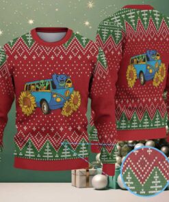 Red Grateful Dead Blue Van with Dancing Bear, Alien, and Sunflower Christmas Tree Pattern Vintage Ugly Christmas Sweater Red Grateful Dead Blue Van with Dancing Bear, Alien, and Sunflower Christmas Tree Pattern Vintage Ugly Christmas Sweater
