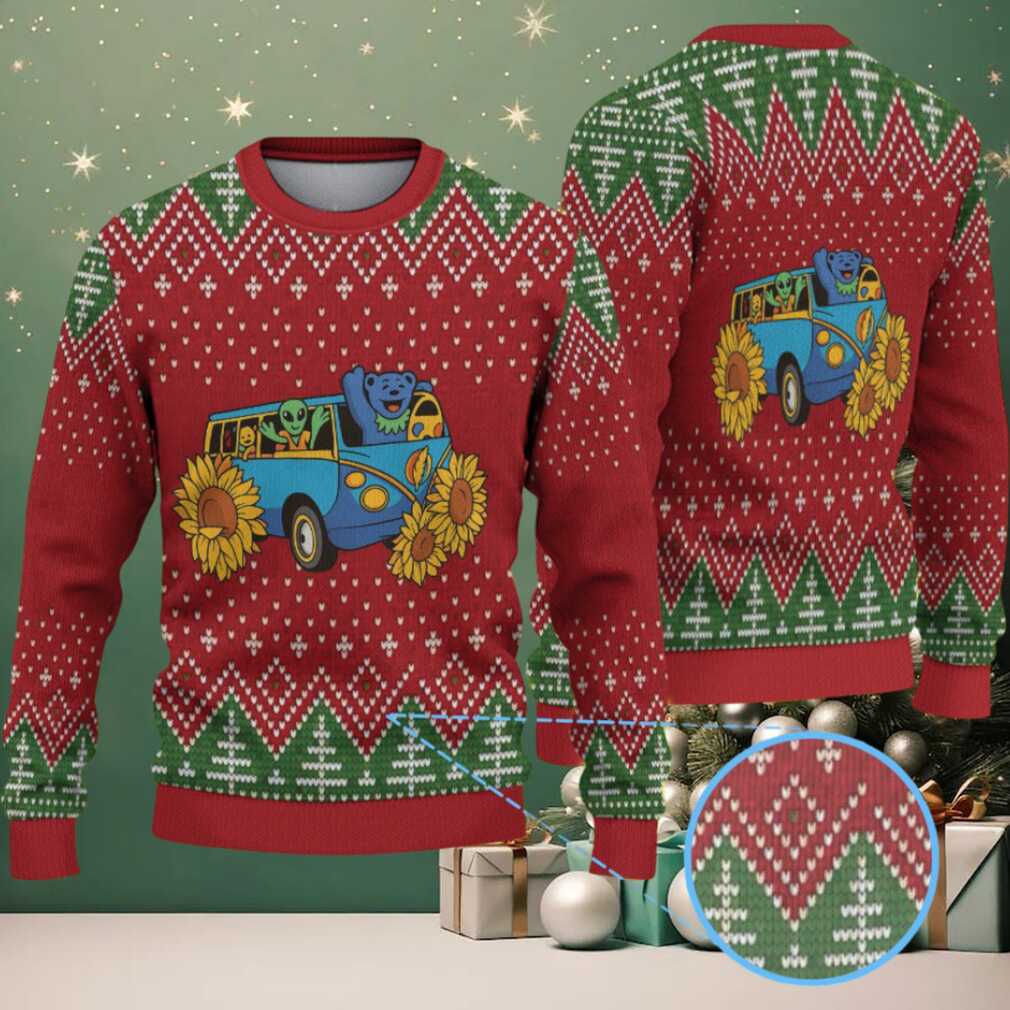 Red Grateful Dead Blue Van with Dancing Bear, Alien, and Sunflower Christmas Tree Pattern Vintage Ugly Christmas Sweater Red Grateful Dead Blue Van with Dancing Bear, Alien, and Sunflower Christmas Tree Pattern Vintage Ugly Christmas Sweater
