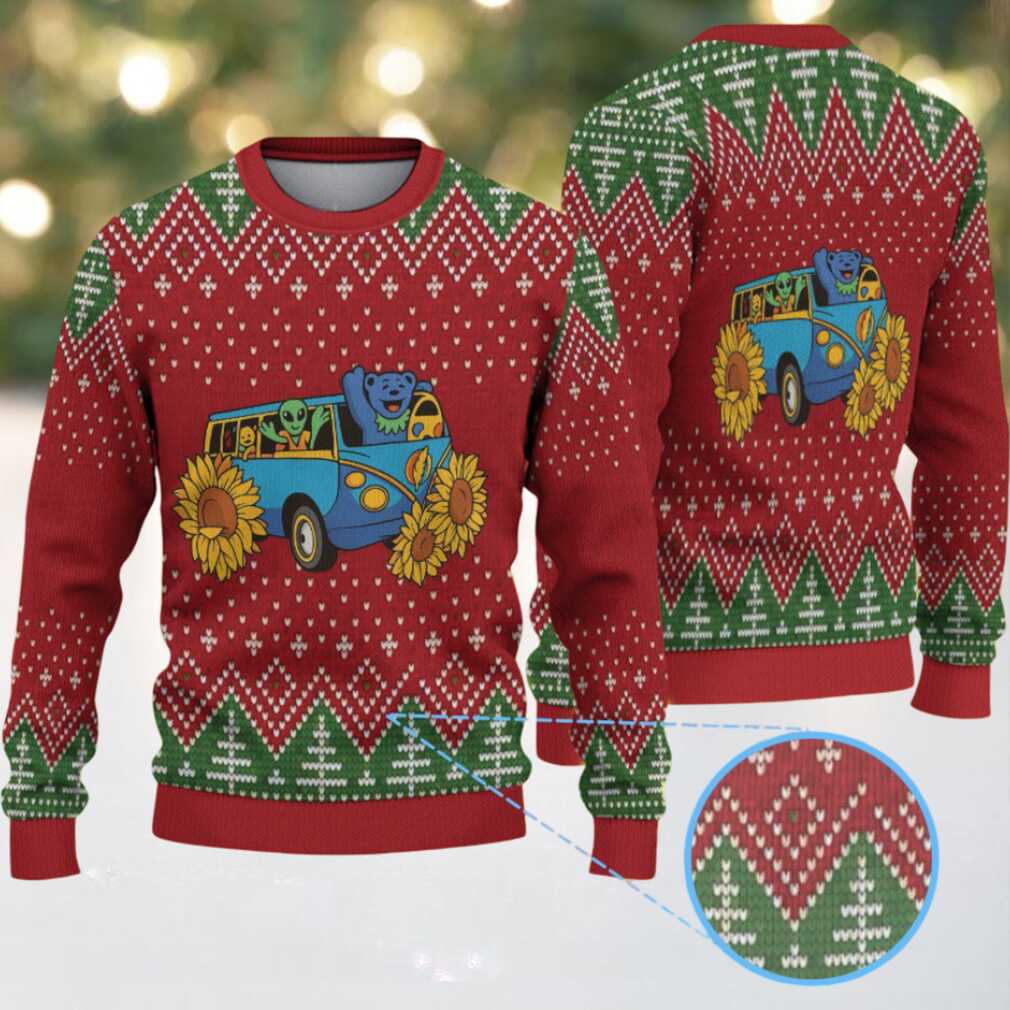 Red Grateful Dead Blue Van with Dancing Bear, Alien, and Sunflower Christmas Tree Pattern Vintage Ugly Christmas Sweater Red Grateful Dead Blue Van with Dancing Bear, Alien, and Sunflower Christmas Tree Pattern Vintage Ugly Christmas Sweater