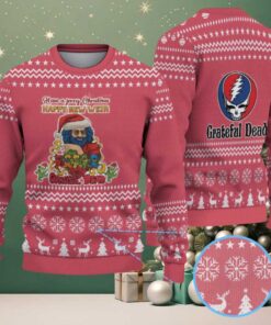 Red Grateful Dead Jerry Christmas Santa with White Reindeer and Snowflake Pattern Vintage Ugly Christmas Sweater