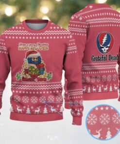 Red Grateful Dead Jerry Christmas Santa with White Reindeer and Snowflake Pattern Vintage Ugly Christmas Sweater