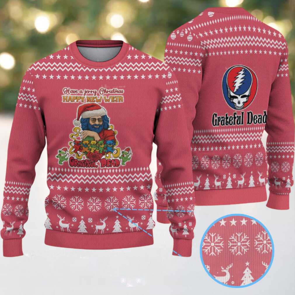 Red Grateful Dead Jerry Christmas Santa with White Reindeer and Snowflake Pattern Vintage Ugly Christmas Sweater Red Grateful Dead Jerry Christmas Santa with White Reindeer and Snowflake Pattern Vintage Ugly Christmas Sweater