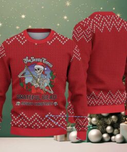 Red Grateful Dead Jerry Garcia Skeleton with Chevron Knit Pattern Vintage Ugly Christmas Sweater