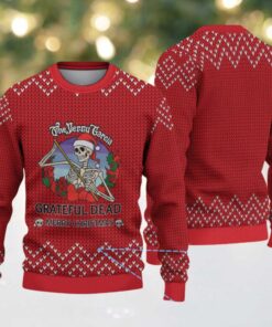 Red Grateful Dead Jerry Garcia Skeleton with Chevron Knit Pattern Vintage Ugly Christmas Sweater