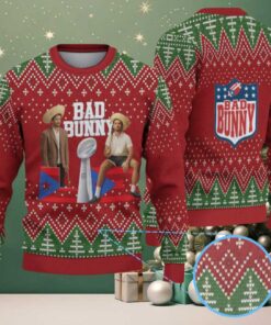 Red & Green Christmas Tree Pattern “Bad Bunny Trophy Season” Ugly Christmas Sweater