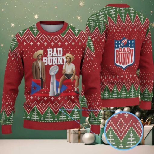 Red & Green Christmas Tree Pattern “Bad Bunny Trophy Season” Ugly Christmas Sweater
