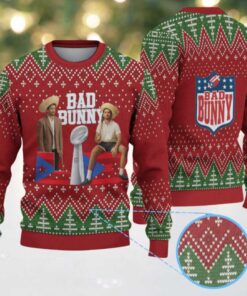 Red & Green Christmas Tree Pattern “Bad Bunny Trophy Season” Ugly Christmas Sweater