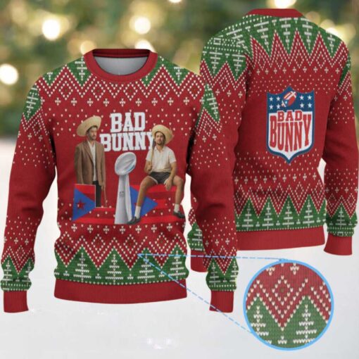 Red & Green Christmas Tree Pattern “Bad Bunny Trophy Season” Ugly Christmas Sweater