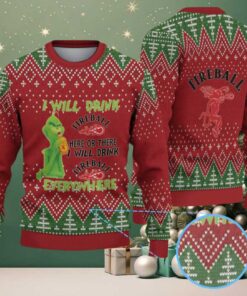 Red & Green Christmas Tree Pattern “Fireball Cinnamon Whisky & Grinch” Ugly Holiday Sweater