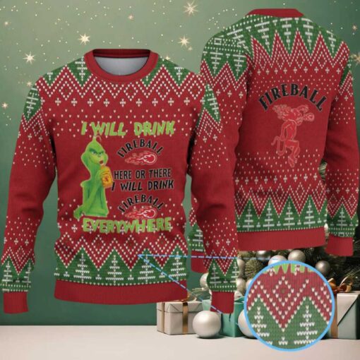 Red & Green Christmas Tree Pattern “Fireball Cinnamon Whisky & Grinch” Ugly Holiday Sweater